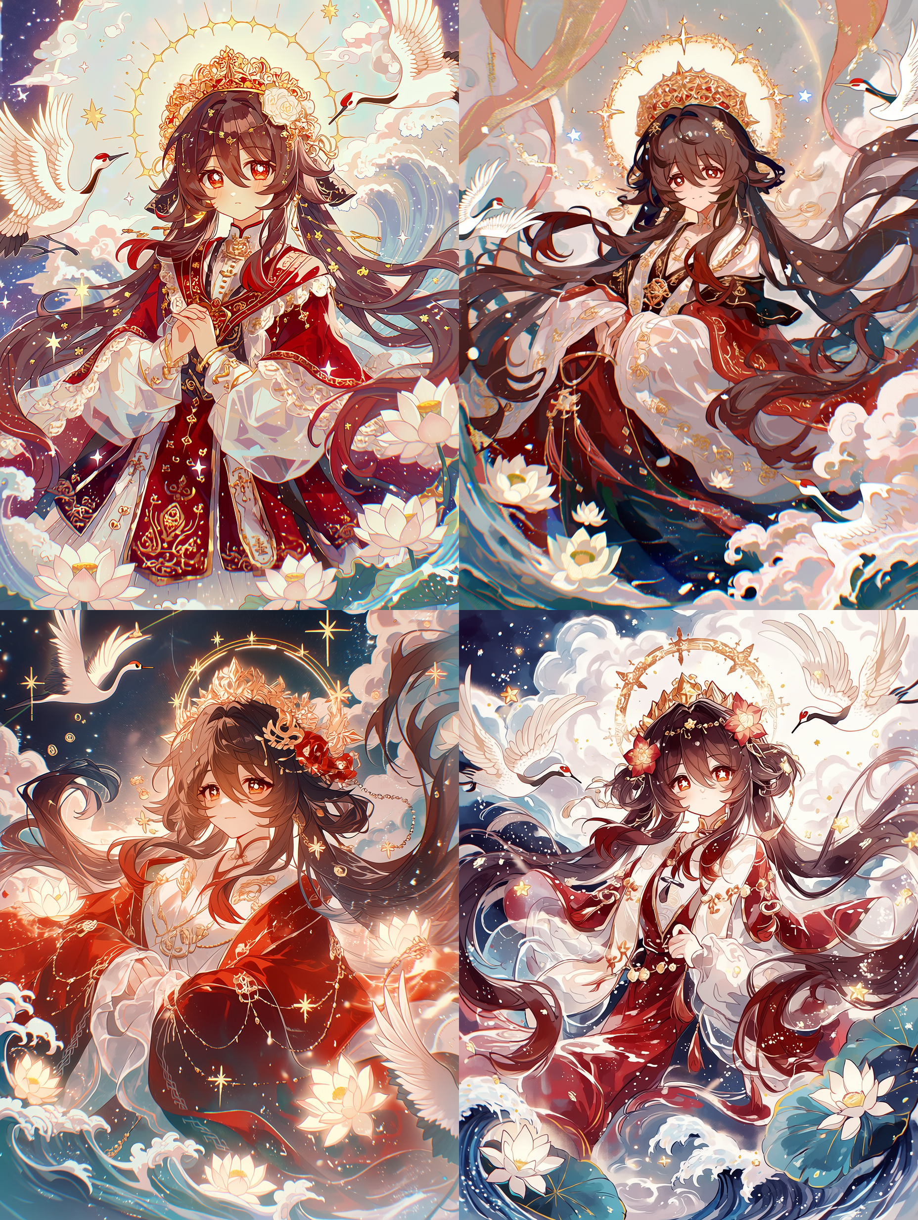 空灵的胡桃化身为天界女神，梦幻柔光洒落，闪烁的粒子与星辰环绕，深棕色长发如瀑飞舞，红白仙袍缀以金纹装饰，头戴金色光环王冠，白鹤翩跹起舞，莲花盛开，祥云与波浪交织，神情宁静，柔和的明暗过渡，红金与深蓝配