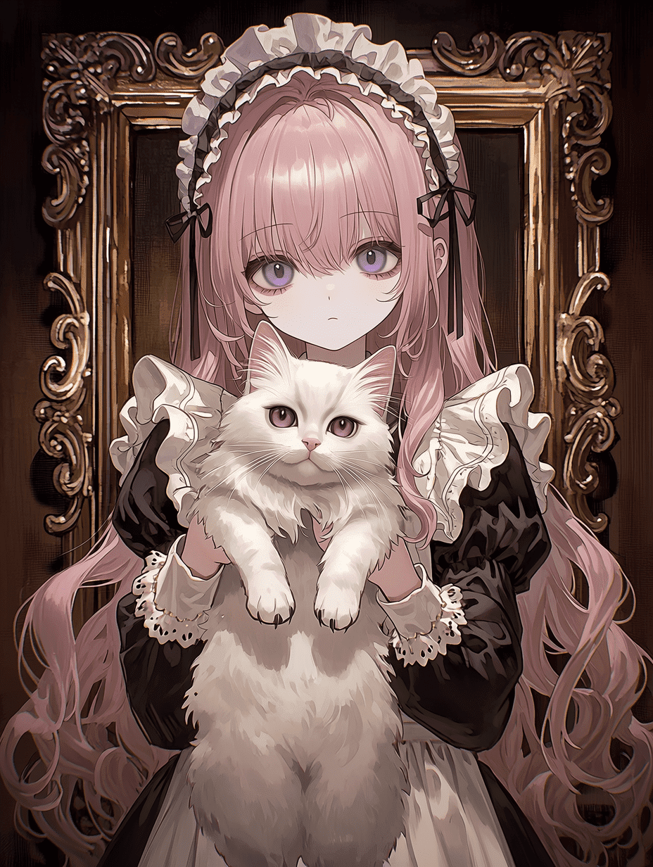 动漫插画，一位粉发紫眸的女仆少女抱着一只白色蓬松的猫咪，身着维多利亚风格黑色礼服配白色蕾丝边，头戴优雅头饰，身后是华丽的金色巴洛克镜框，背景为深色巴洛克风格，光线柔和，杰作，最高画质，高度精细