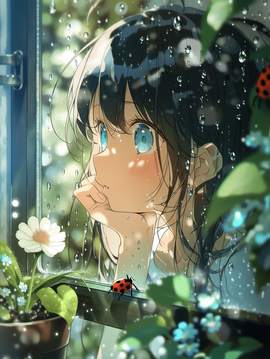 二次元风格插画，一位拥有黑色长发和蓝色眼睛的年轻女子，单手托腮凝视窗外，玻璃上有雨滴，室内场景摆放着盆栽白花，窗外是郁郁葱葱的绿植和瓢虫，采用三分法构图，平衡的画幅，浅景深，平视视角，引导线，电影感构