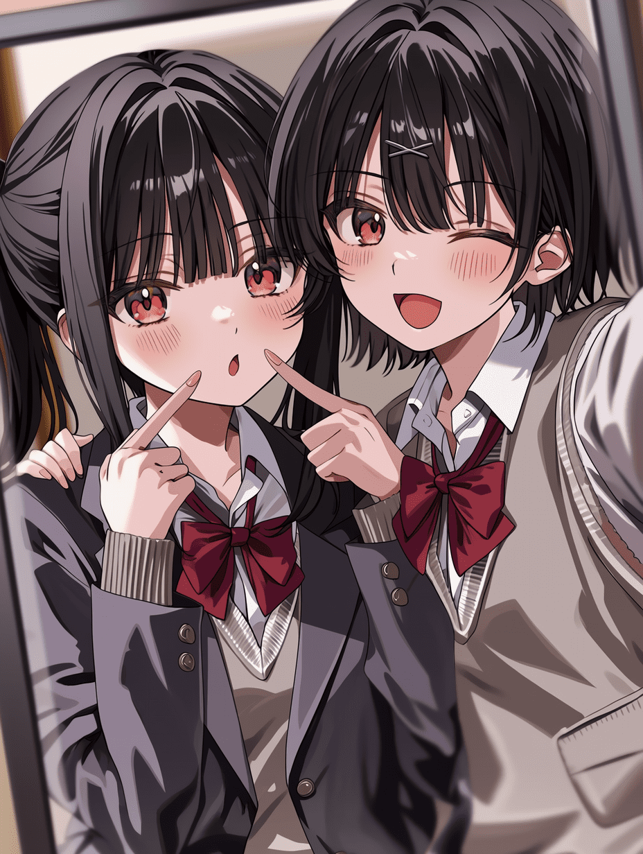 动漫风格，两名黑发女学生身穿校服对着镜子自拍，其中一人扎着马尾、红瞳且表情惊讶，另一人短发并眨眼指向镜头，采用镜面反射构图，浅景深效果，亲密的取景框，布局平衡。