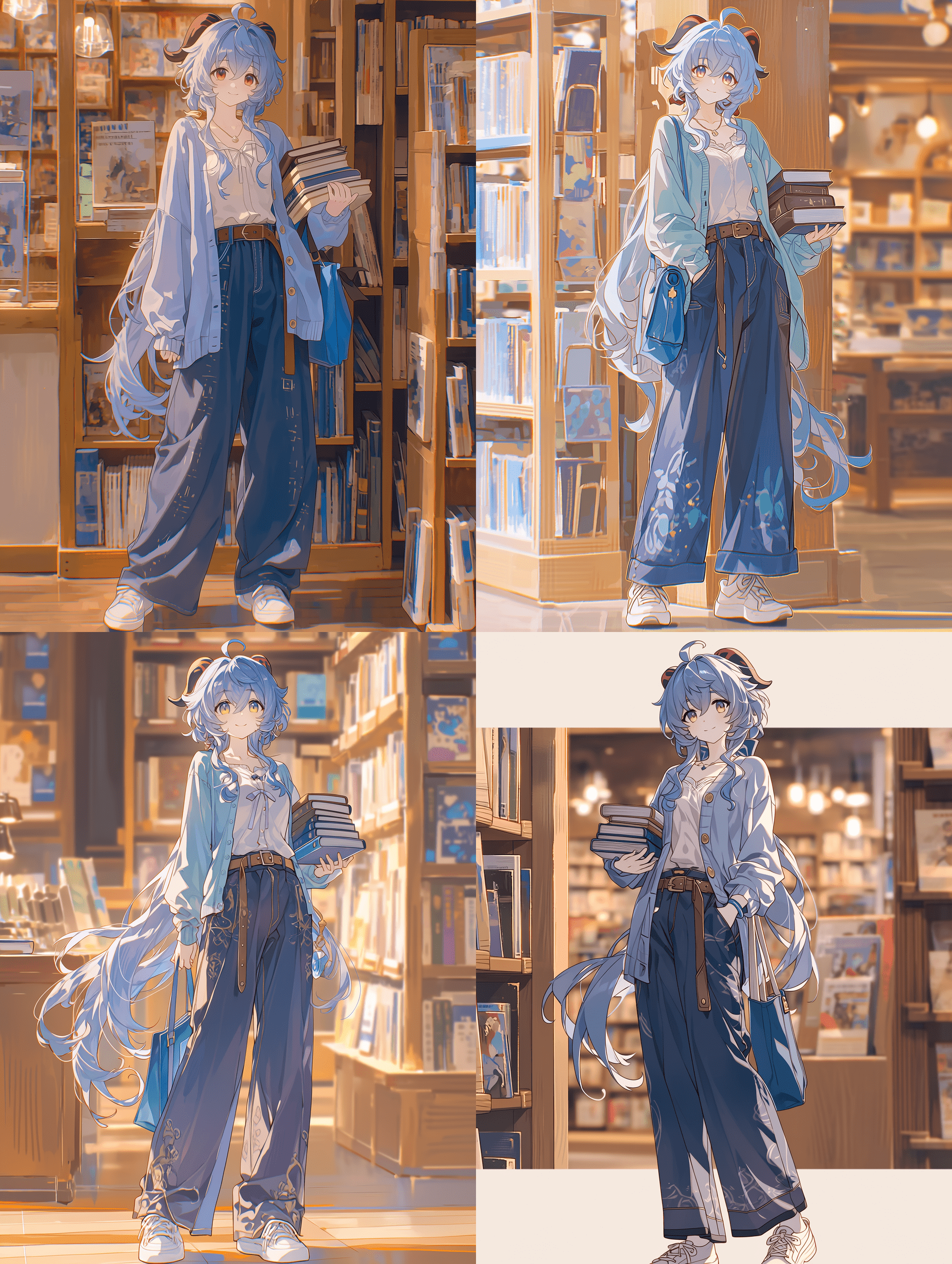 甘雨身穿文艺书店风格的服装，散发知性美感。她留着渐变蓝色长发，随意扎成低马尾并系有丝带，琥珀色双眸温柔含笑，神情沉静。上身是浅蓝色开衫搭配白色衬衫，下穿带有暗纹的深蓝色阔腿裤，配棕色皮带和白色运动鞋。