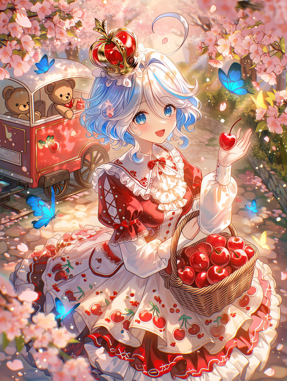 空灵的芙宁娜置身于魔法樱桃园中，梦幻的柔光洒落，发光粒子与光点闪烁，浅蓝色卷发轻柔飘动，带有标志性的ahoge与波浪发丝，明亮的蓝眸充满欢快喜悦，头戴精致红金小王冠，身着优雅红白樱桃纹样长裙，白色领口