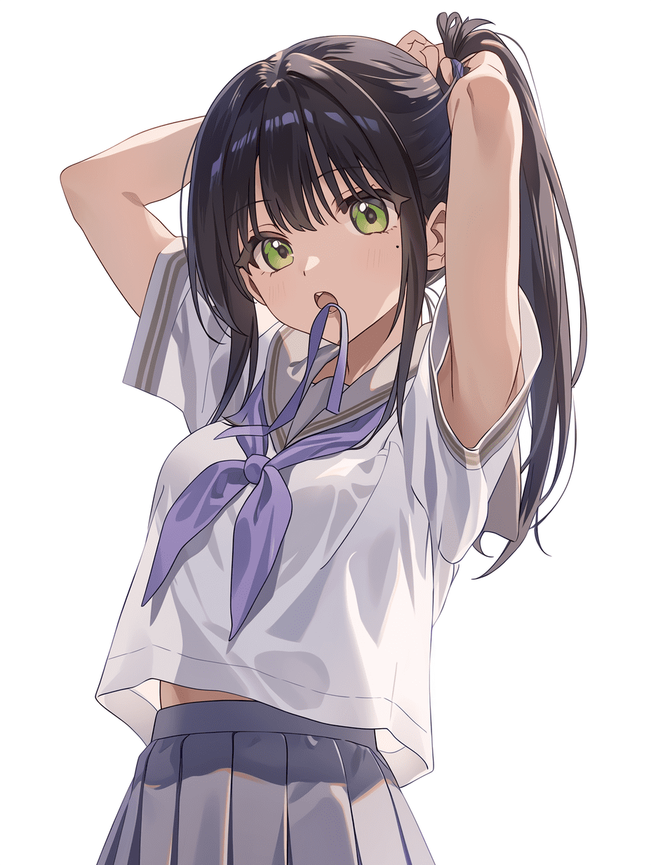 动漫风格，黑发绿眼少女身穿水手校服，高马尾造型，紫色领结，白衬衫配灰色短裙，双手置于脑后，嘴巴微张，表情生动，纯白背景，角色设计，杰作，最佳质量，柔和光线，鲜明色彩
