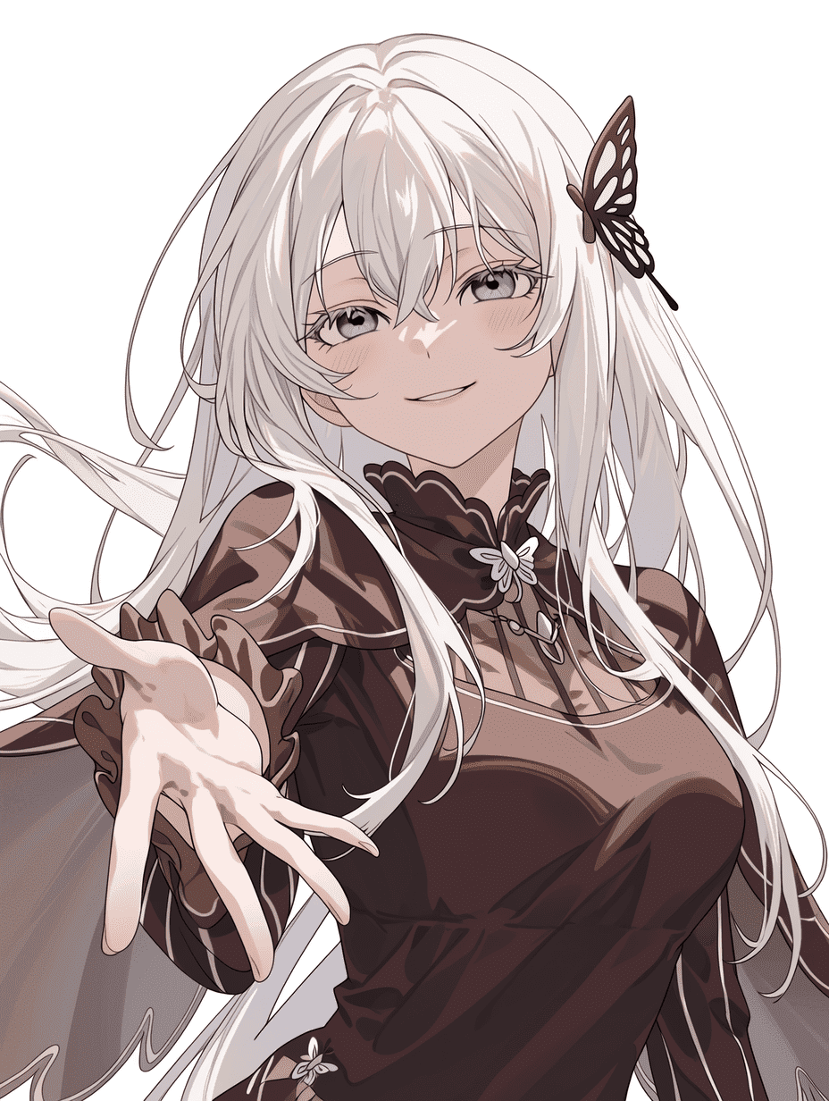 动漫风格，来自《Re:Zero》的艾奇德娜，身着深棕色长裙，头戴蝴蝶发饰，面带温柔微笑伸手轻触，发丝如瀑布般细腻流动，裙摆刺绣繁复精致，蝴蝶装饰轻盈剔透，焦点锐利，蝶翼泛着微光。