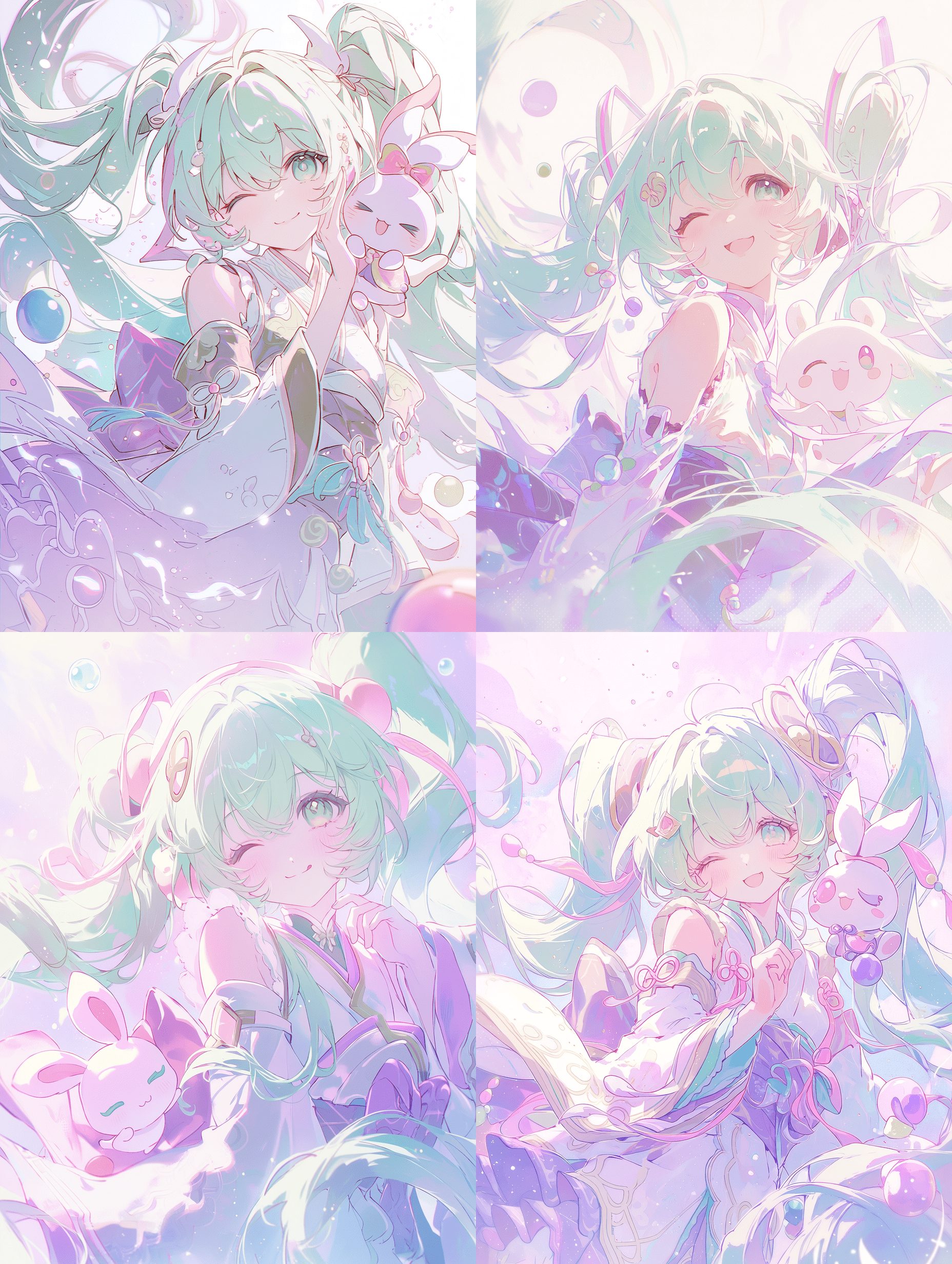 梦幻的初音未来置身于抽象梦境中，柔光弥漫，发光粒子与彩色光球飘浮，薄荷绿长发飘逸飞舞，身着带有纹样的白色和服，身旁有粉红色的神秘生物伙伴，眨眼微笑，柔和的阴影过渡，以薄荷粉与淡紫色为主调，构图轻盈通透