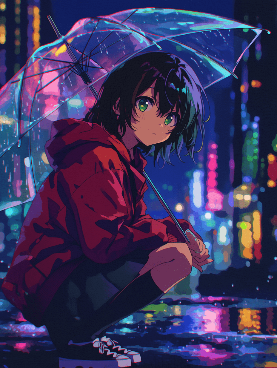 动漫风格，一位黑发绿眼的女孩，身穿红色连帽衫，蹲在透明雨伞下，雨夜，电影级布光，发光的霓虹城市灯光，情绪化氛围，湿滑地面上的柔和倒影，鲜艳的调色板，充满氛围感