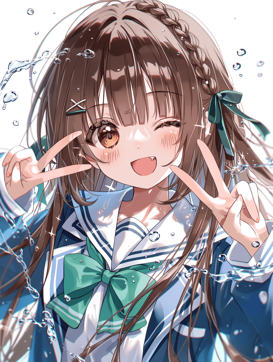动漫风格，棕色长发少女身穿蓝白配色校服，绿色蝴蝶结，表情欢快地眨眼，双手比出双和平手势，发丝超精细且带有编发细节，服装褶皱丰富，画面中点缀着晶莹剔透的水珠，锐利对焦，8K分辨率