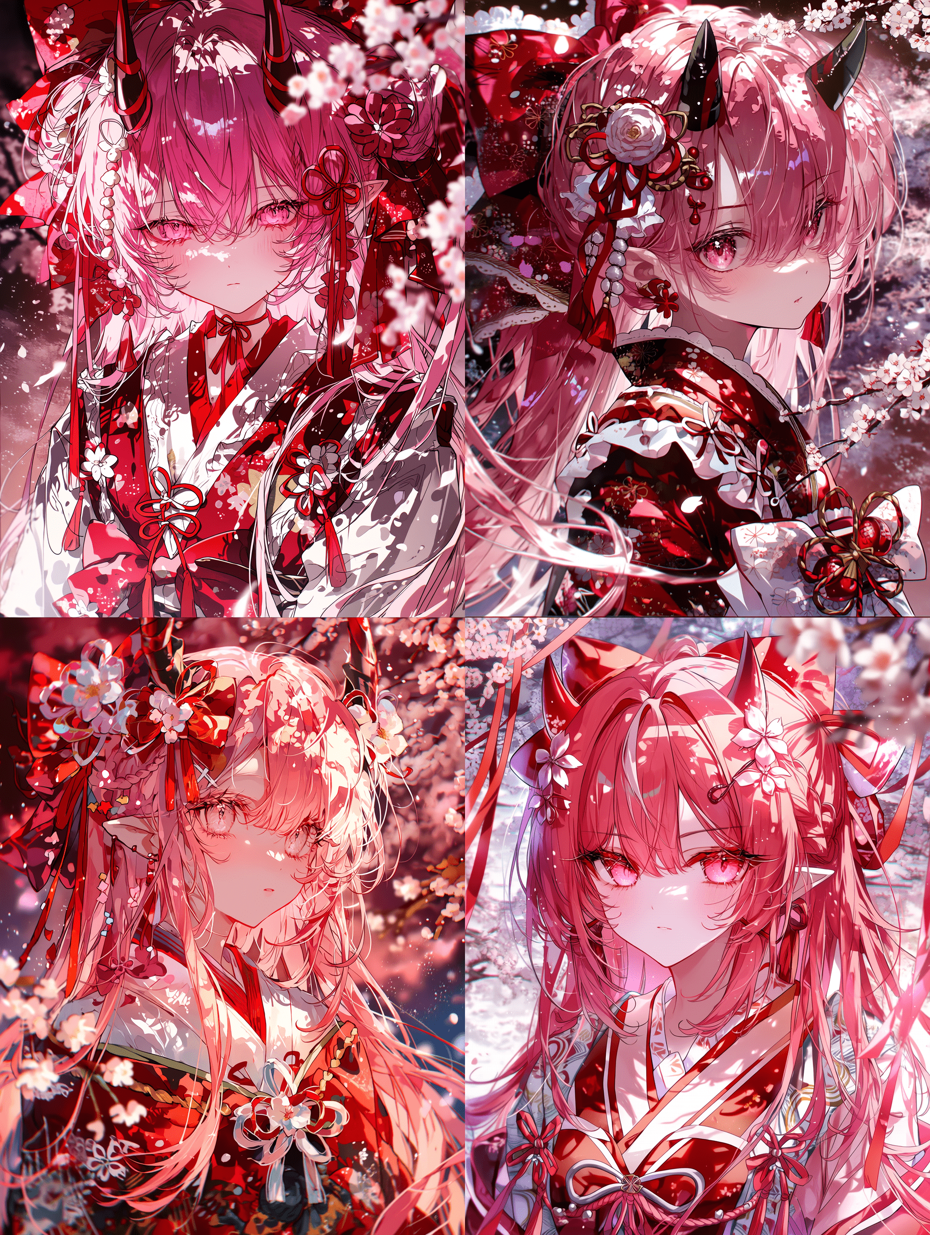 动漫风格，粉发奇幻少女，头生双角，身穿红白传统和服，布料纹理超精细，配有复杂蝴蝶结与丝带装饰，发丝细腻，焦点锐利，背景为盛开的樱花，带有氛围特效，细节清晰，8K分辨率