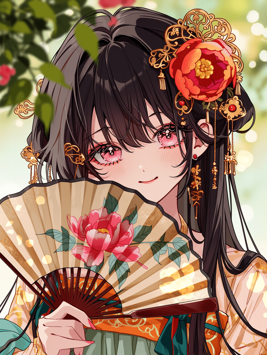 动漫风格，身穿传统中式汉服的年轻女子，乌黑长发配以精致金簪与红色牡丹花，手持绘有樱花图案的华丽团扇，粉色眼眸，温柔微笑，采用三分法构图，背景为虚化的树叶光斑，电影级取景，平视人像，画面平衡。