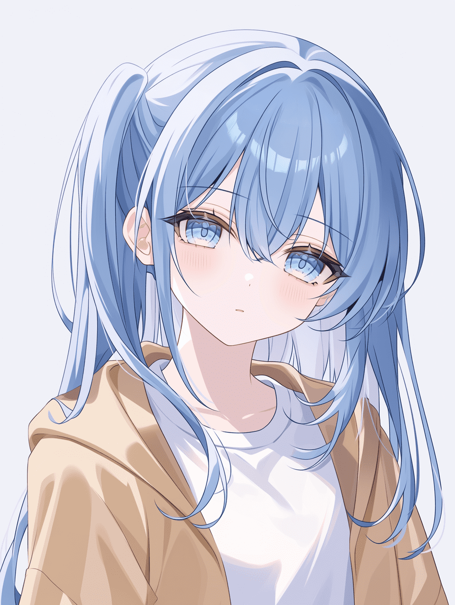 动漫风格插画，蓝发高马尾少女，拥有引人注目的蓝色眼睛，身穿米白与白色叠穿服饰，采用柔光照明，中近景构图，杰作，最佳质量，高度细节，线条干净。