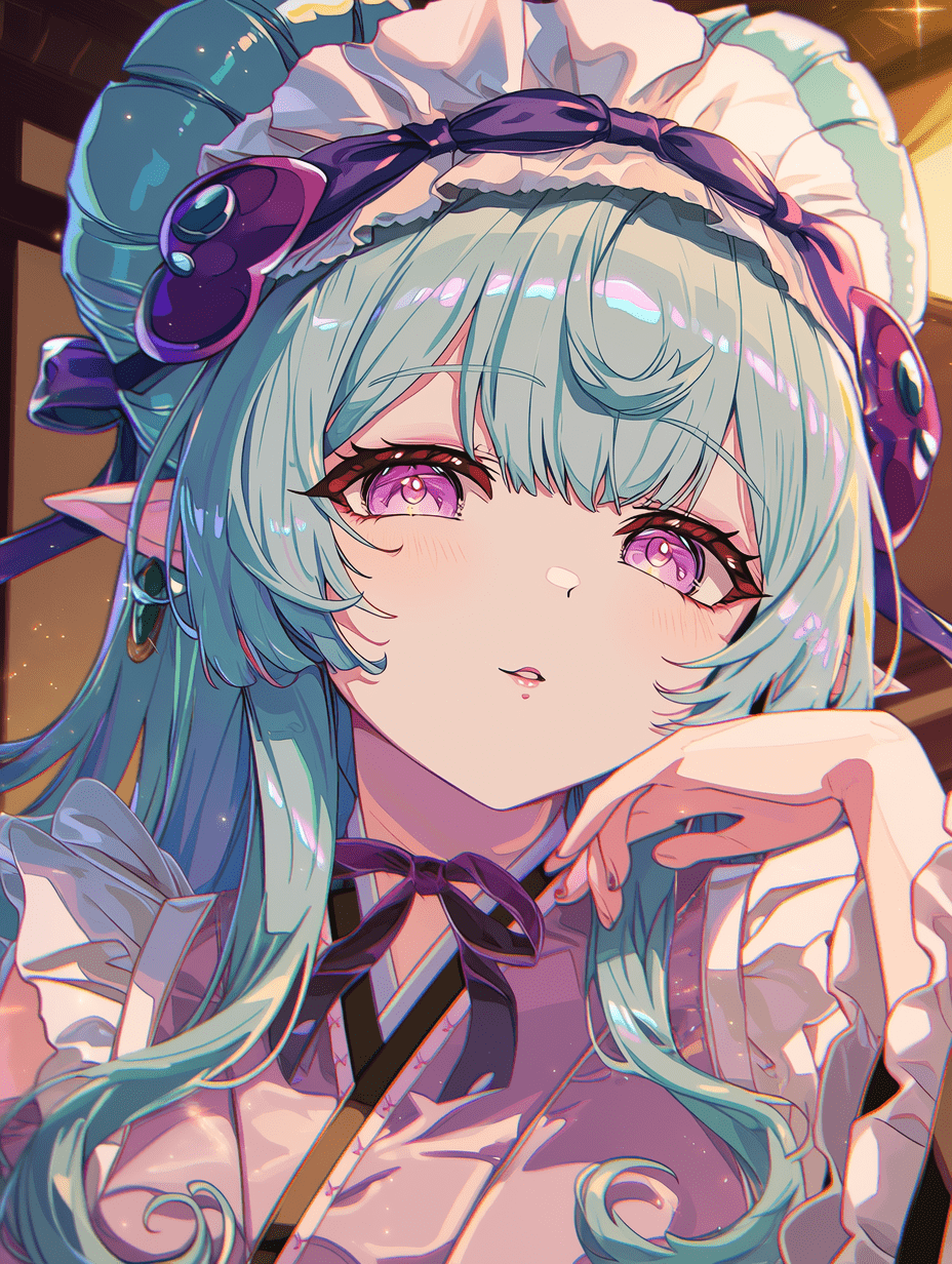 细致的动漫插画，描绘梦见月瑞希，女仆风格，光泽感的蓝绿色长发带有柔和高光，富有表现力的粉紫色眼眸呈现细腻反光，复杂的和风女仆装面料层次分明，褶皱与蝴蝶结细节精致，温暖的室内体积光，发簪装饰纹理与闪烁效