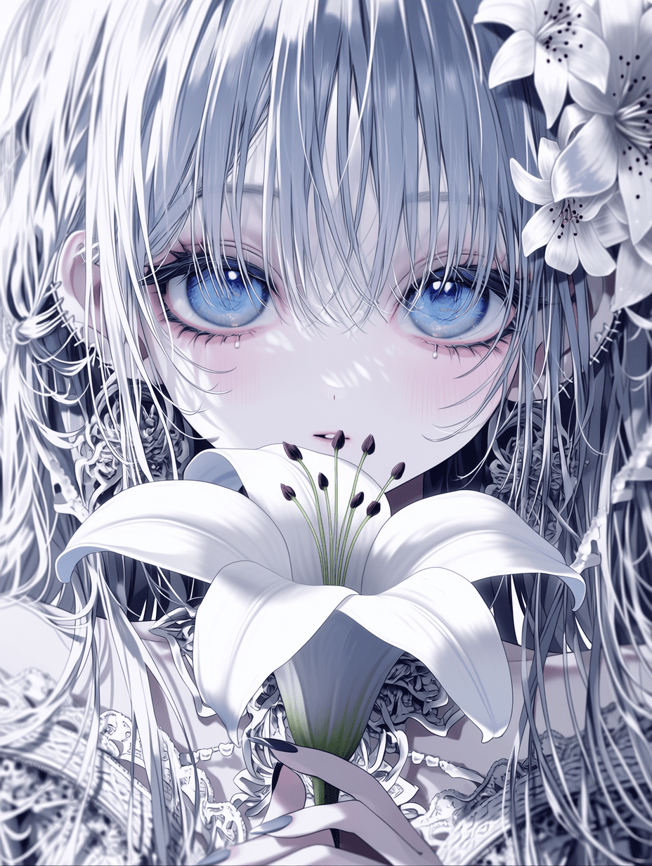 动漫风格，一位银发蓝眼的少女手持白色百合花，发丝 intricate，花瓣细腻，布料纹理清晰，焦点锐利，8K 分辨率，细节丰富