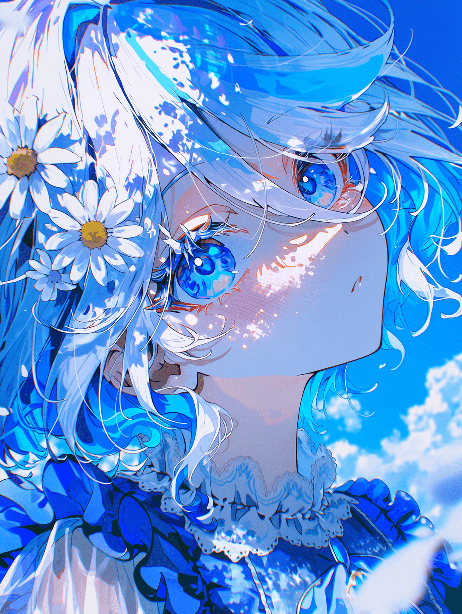 细致的动漫插画，描绘芙宁娜，天空美学风格，光泽蓝白渐变长发，柔和高光，富有表现力的蓝色双眼并带有细腻反光，复杂蓝白多层裙装，带有褶边图案，来自天空的体积感阳光，雏菊花瓣细节与飘散效果，专业数字艺术，面