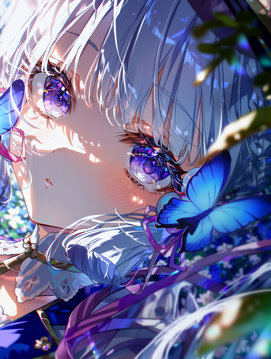 精致的动漫插画，描绘神里绫华，花园美学风格，光泽银白色长发带有柔和高光，富有表现力的紫色眼眸呈现细腻光影反射，蓝紫色长裙布料层次丰富、丝带飘逸，体积感梦幻光影，蝴蝶翅膀透明与闪烁特效，专业数字艺术，面