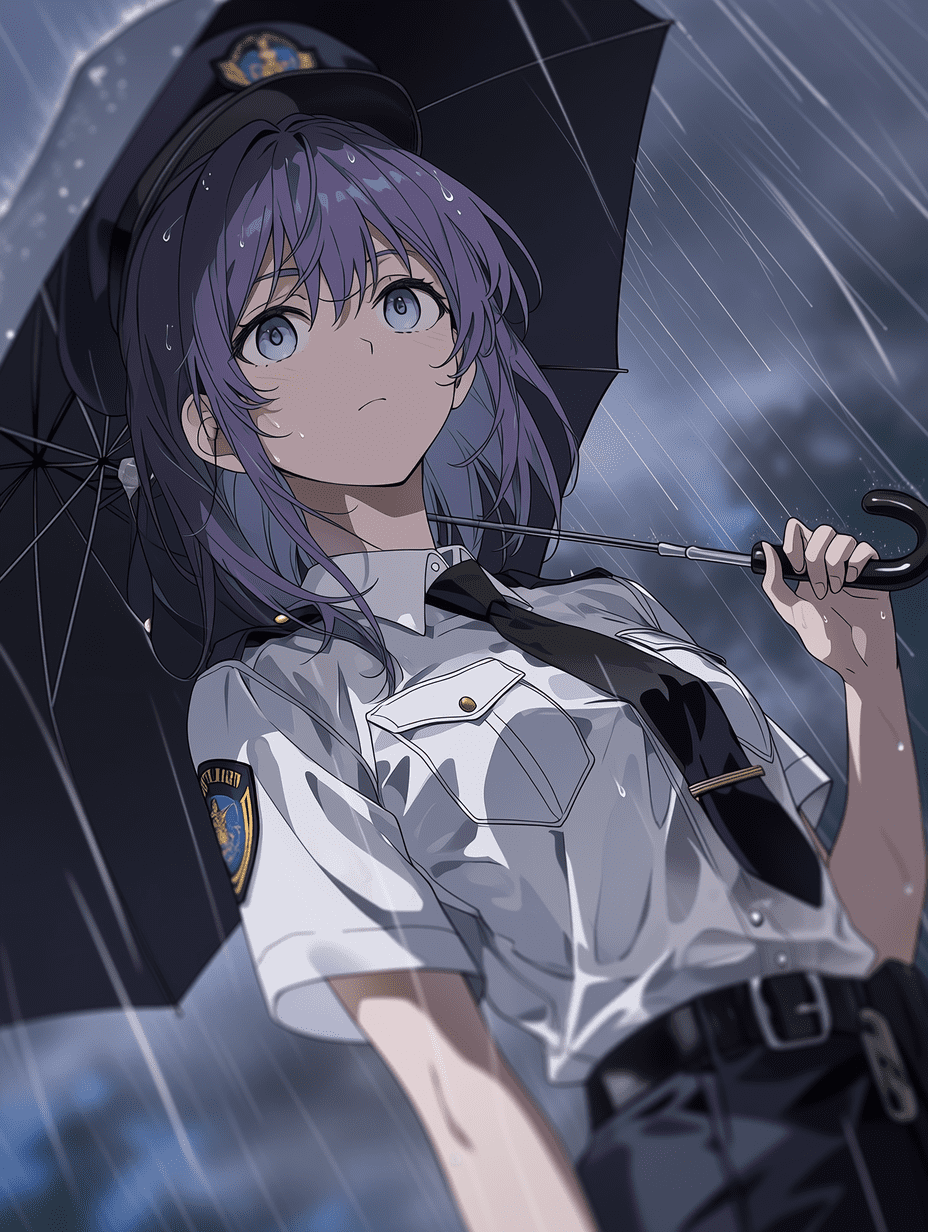 动漫风格，一位紫发女警身穿白色制服，手持黑色雨伞，伫立在大雨中，采用三分法构图，略微低角度拍摄，景深较浅，背景为模糊的雨景，专业动漫画面 framing，聚焦角色面部特征。