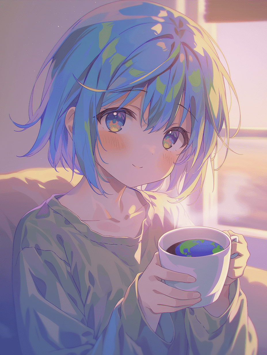 动漫插画，地球化身Earth-chan，拥有蓝绿色长发象征地球，手持一杯咖啡，晨光柔和洒落脸上，温暖的光晕与轻柔阴影交织，粉彩色调和谐统一，梦幻氛围浓厚，蓝绿色饱和度增强，整体温馨宁静。