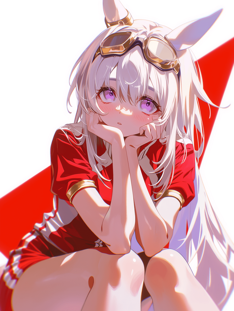 动漫风格，白发马娘，身穿红色镶金赛车服，佩戴大号护目镜，长长的白色鬃毛和马耳，紫色眼睛，坐姿，手托下巴，面带羞涩表情，背景为白色搭配红色斜向三角形，柔和环境光，细腻阴影，皮肤上有温暖高光，电影感氛围