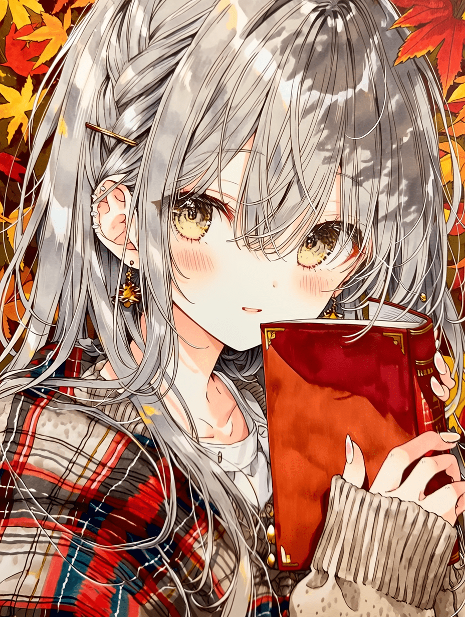 动漫风格插画，一位银灰色长发的年轻女子，手持一本红格纹书，发丝超精细并带有微妙高光，针织开衫呈现复杂织物质感，耳饰细节精致，画面锐利聚焦，采用精细线稿，背景为细腻描绘的秋日景色。
