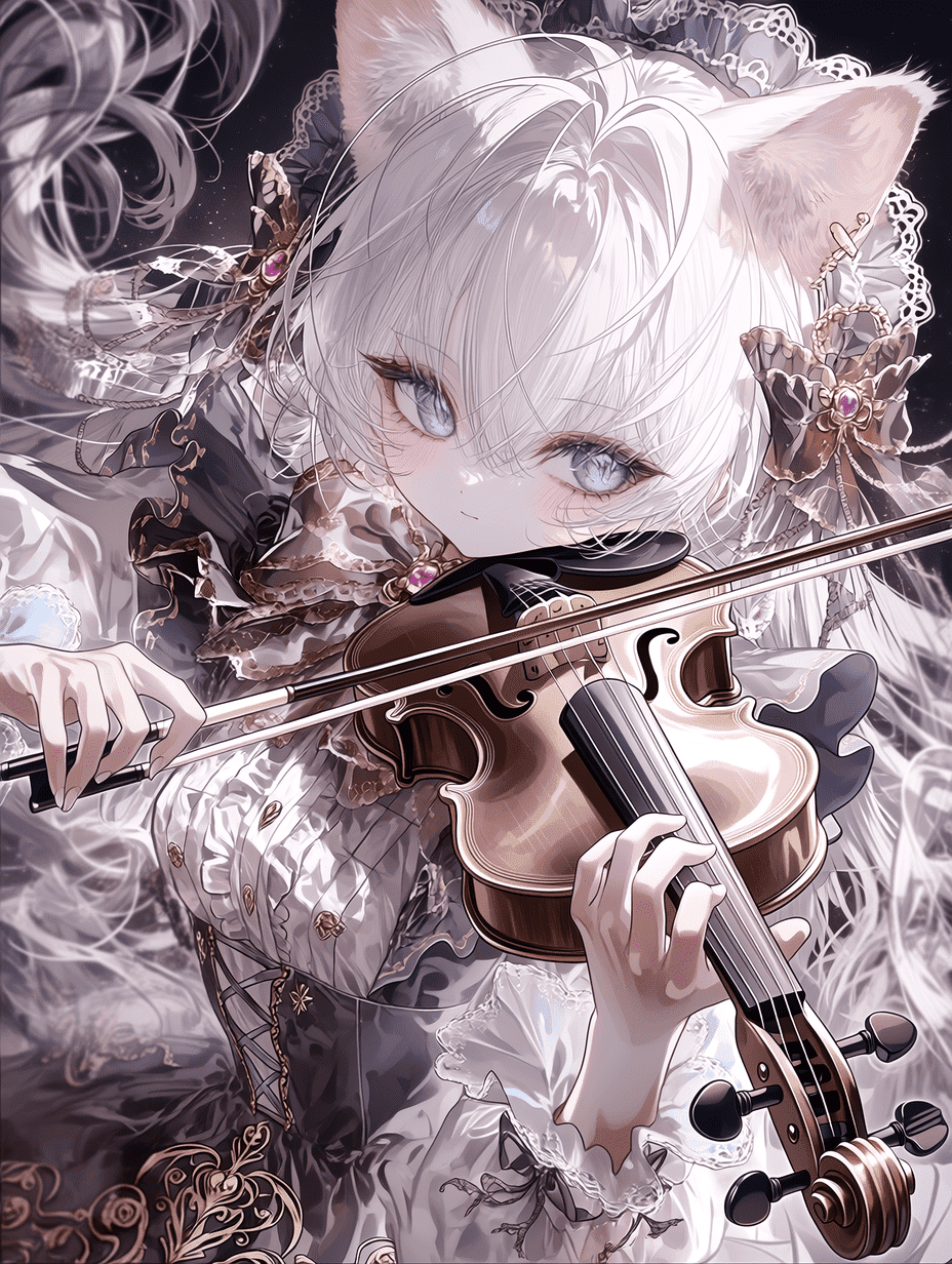 动漫风格，插画，白发猫娘正在演奏小提琴，小提琴与服饰细节精致，锐利聚焦，纹理细腻，空灵氛围，动态构图，8K超高清，电影级画质