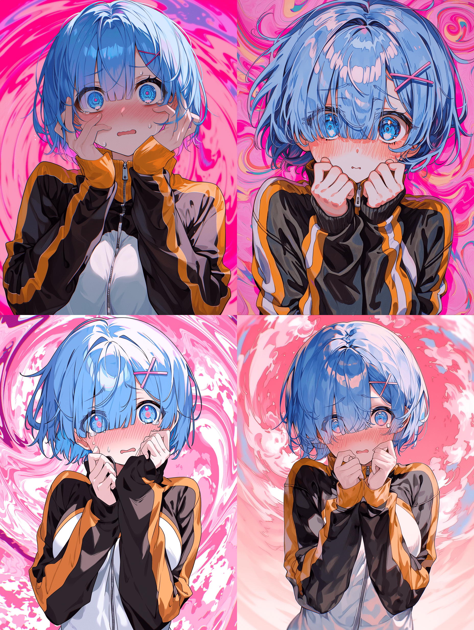 动漫风格，来自《Re:Zero》的蕾姆，蓝色短发，身穿黑橙色运动服，脸颊泛红，表情害羞，双手靠近脸部，背景为旋转的粉色漩涡，杰作，最佳质量，高度细节，色彩鲜艳