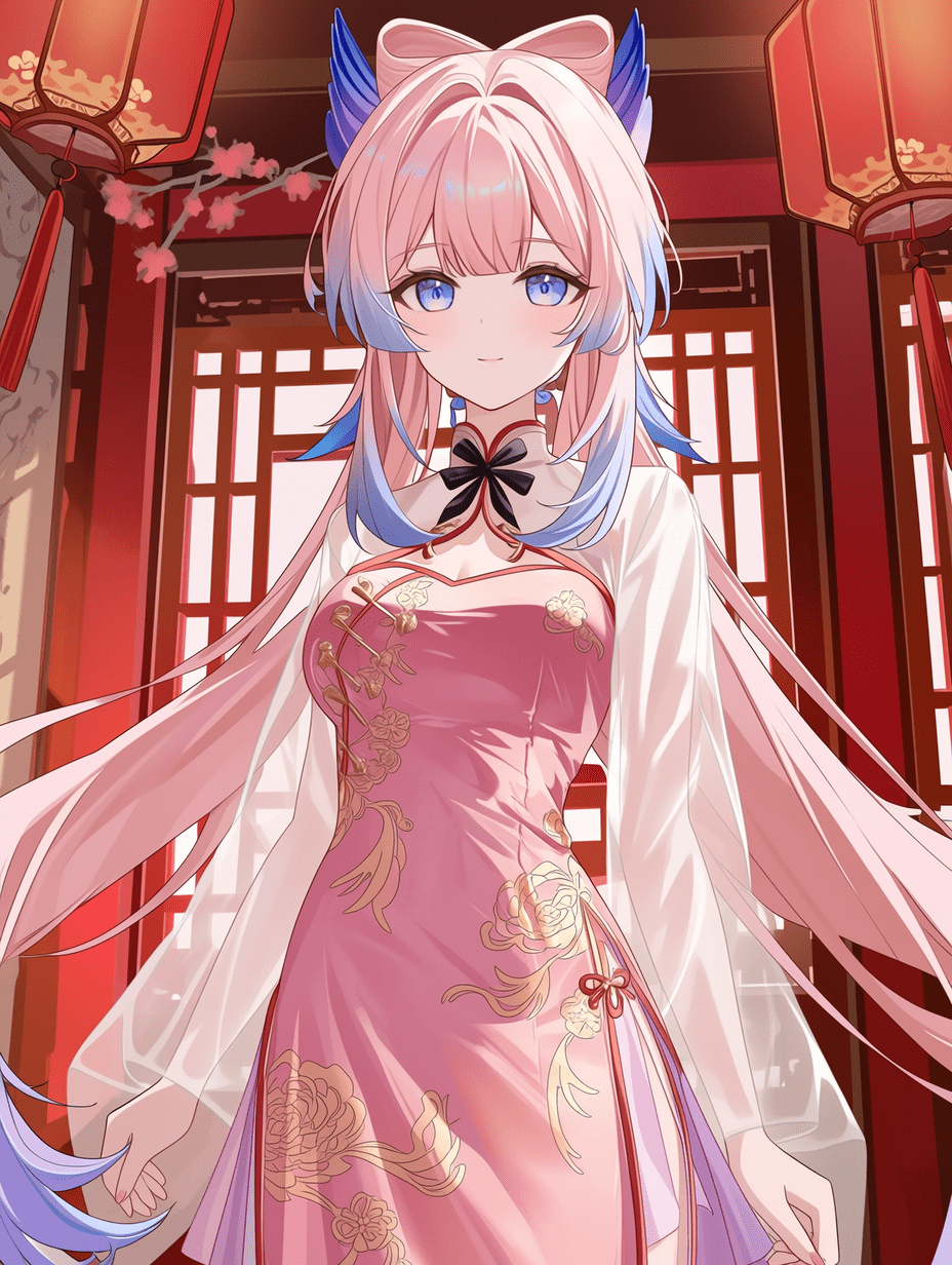 神里绫华，原神角色，中式传统风格，身穿粉色高开叉旗袍，金色花卉刺绣与红色滚边，白色透纱灯笼袖，颈部系黑色蝴蝶结，长粉发带蓝紫渐变高光，蓝色眼眸，佩戴蓝紫色角状头饰，背景为传统中式室内，红墙、悬挂纸灯笼