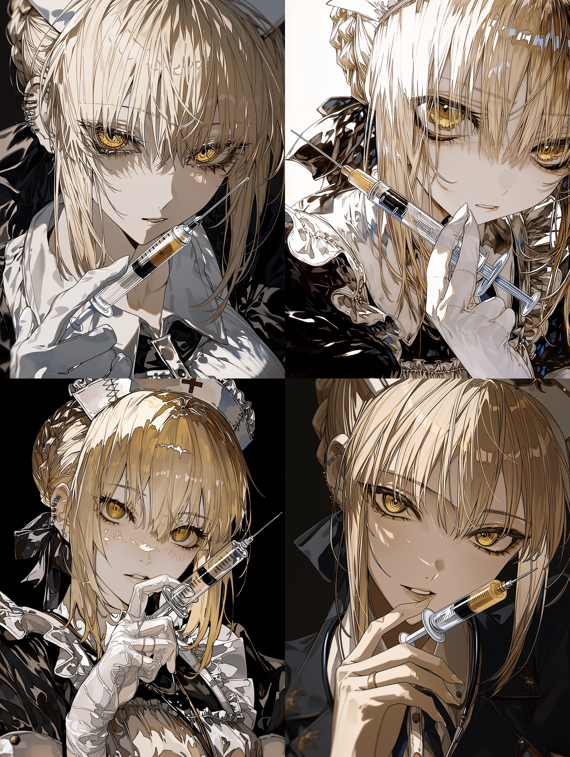 动漫风格，Fate系列中的Saber，金色长发，黄色眼睛，身着护士服，注射器细节精致，面部特征清晰聚焦，黑色布料纹理细腻，超精细画质，8K分辨率，线条锐利，专业插画