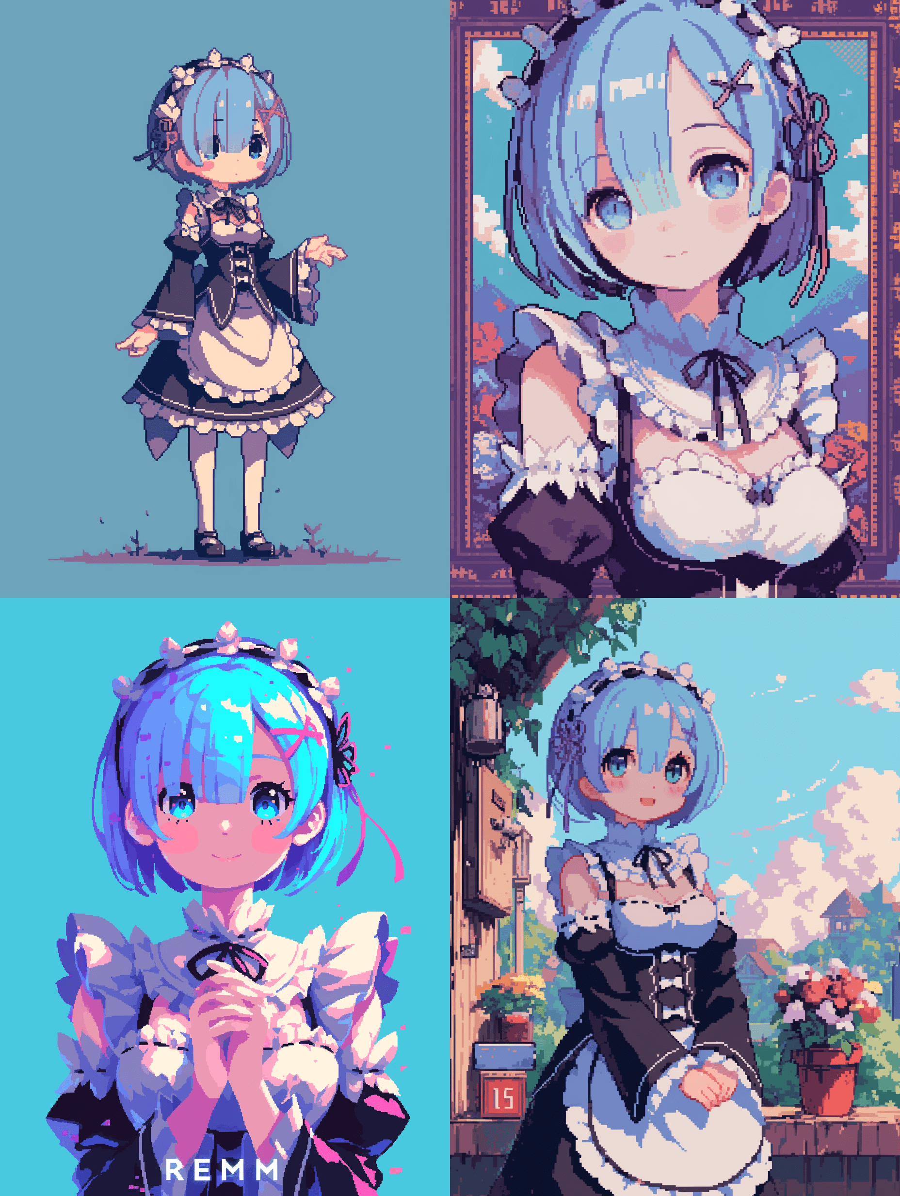 Re:Zero中的蕾姆，采用鲜艳的Q版像素艺术风格，细腻的像素着色，复古游戏美学，8位角色设计，清晰边缘，怀旧氛围，游戏截图风格，色彩丰富，高细节