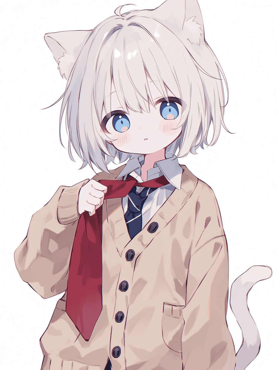 动漫风格，可爱的猫娘，短银发蓝眼睛，身穿棕色开衫与校服，手持红色领结，白色背景，高质量，杰作，精细插画