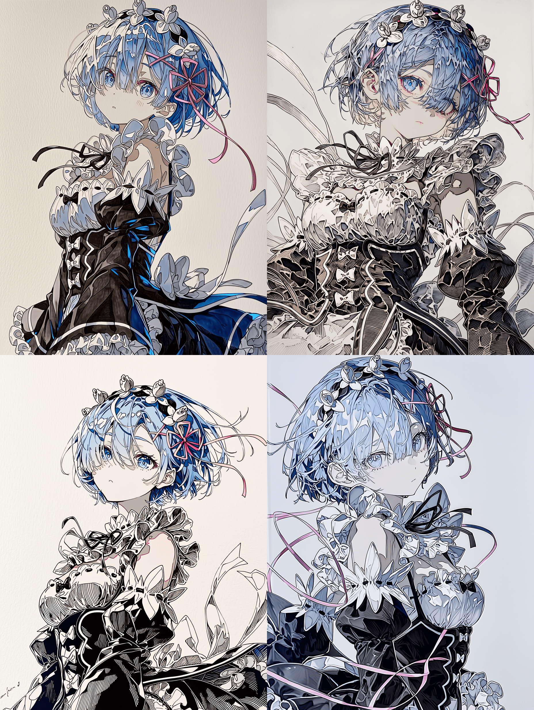 动漫风格，来自《Re:Zero》的拉姆，蓝色短发配粉色蝴蝶结，蓝色眼睛，黑白女仆装，超精细发丝，复杂的布料纹理，精致的蝴蝶结细节，焦点清晰，精细线条艺术，8K分辨率