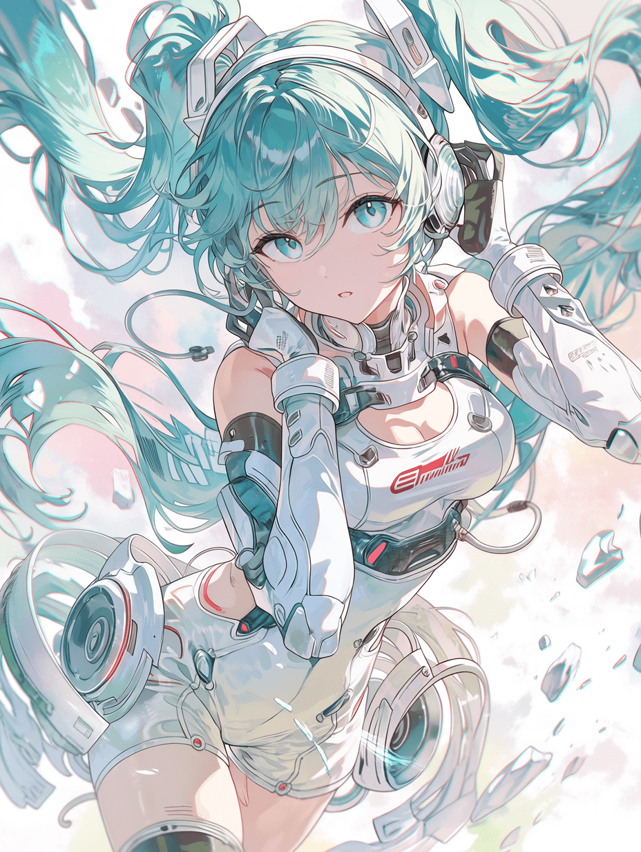 动漫风格，初音未来拥有飘逸的青绿色双马尾，身穿带有红色点缀的未来感赛车服，佩戴耳机，摆出充满动感的姿势，背景为柔和的粉彩色调，漂浮着碎片元素，杰作，最佳质量，高度细节