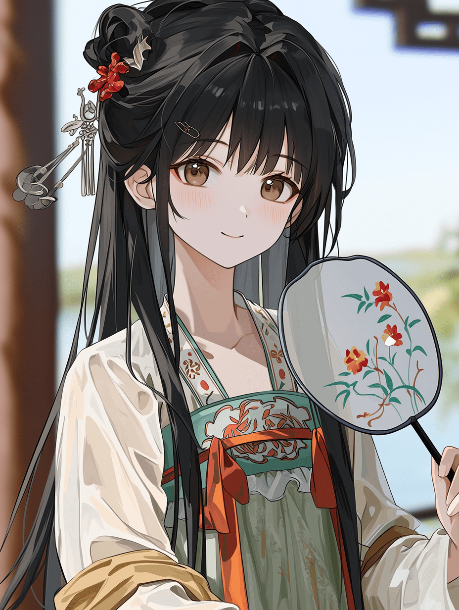 动漫风格，身着传统汉服的亚洲女孩，黑色长发配以红色花朵发饰，手持折扇，面带温柔微笑，面料纹理超精细，刺绣细节繁复，发丝清晰锐利，对焦精准，背景细节丰富