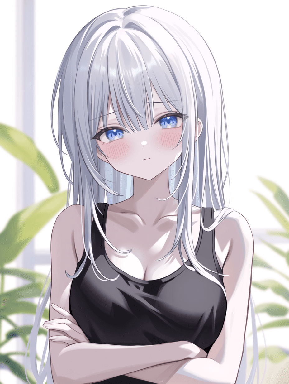 动漫风格，一位银发动漫少女穿着黑色背心，柔和的室内光，苍白的皮肤，紫色的眼睛，脸颊泛红，双臂交叉在胸前，休闲姿势，半身肖像，带有模糊植物的白色背景，精湛的阴影处理，详细的发丝细节，柔和的粉彩色调，高质