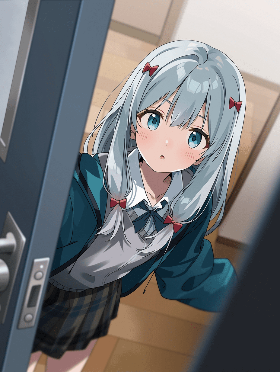 动漫风格，来自《出包王女》的伊织神无，银发少女身着校服，以门框为视角的动态构图，三分法布局，浅景深虚化背景，门框形成引导线，电影级取景，视觉平衡。