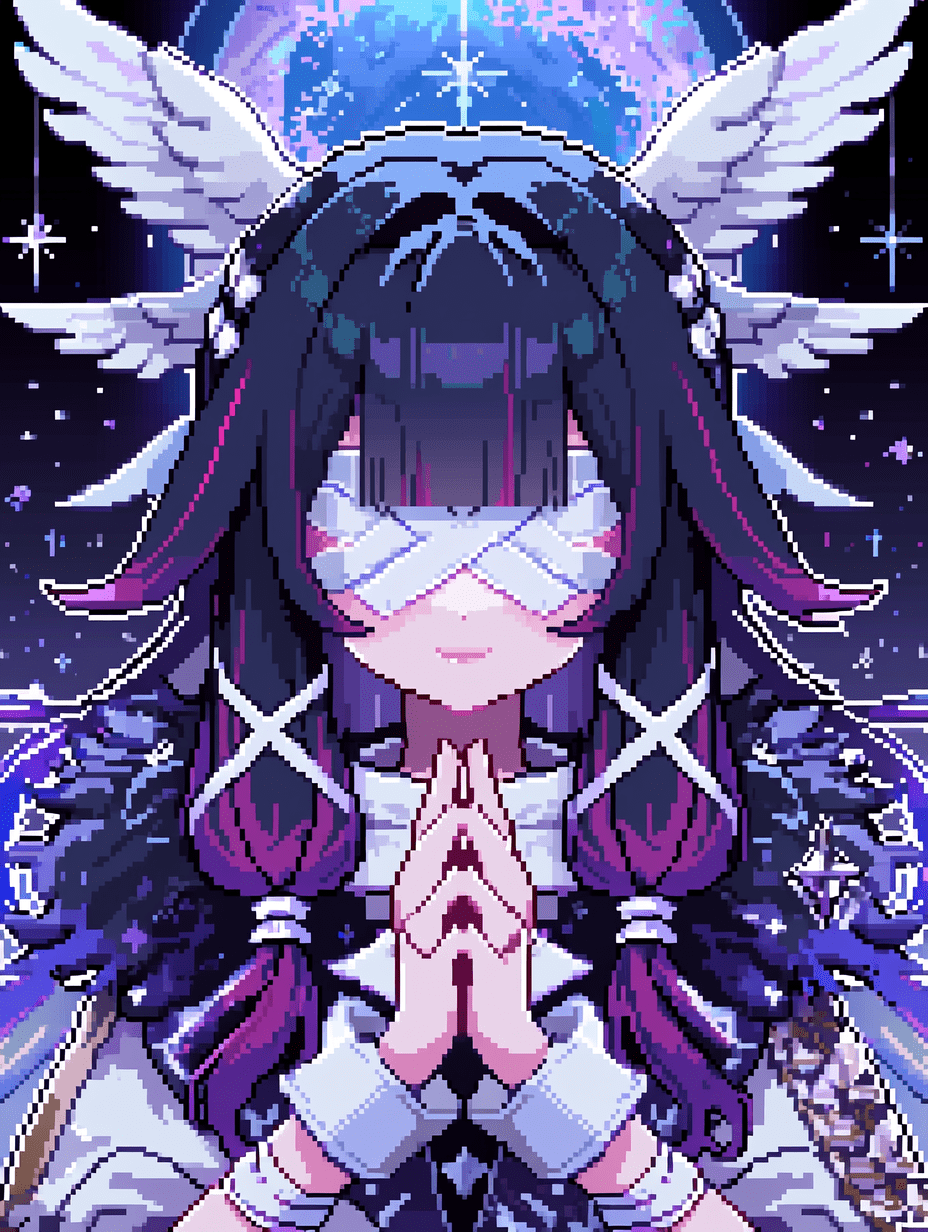 空灵的像素艺术，来自《原神》的少女哥伦比娅，对称构图，白色羽翼，黑紫色头发，交叉式眼罩，双手合十祈祷，周围环绕着魔法般的蓝紫色发光圆环，点缀星点像素细节，柔和渐变，整体氛围神秘而宁静，高品质数字像素绘