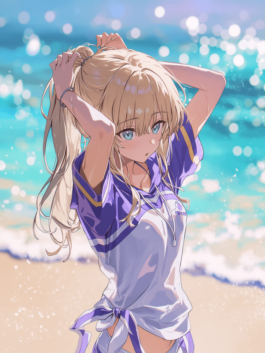 动漫风格插画，金发马尾少女身穿紫白夏日海滩装，正在扎头发，神情宁静，站立在沙质海滩上，背景是绿松石色的海洋，三分法构图，低角度拍摄，浅景深，背景虚化，动态构图，电影视角