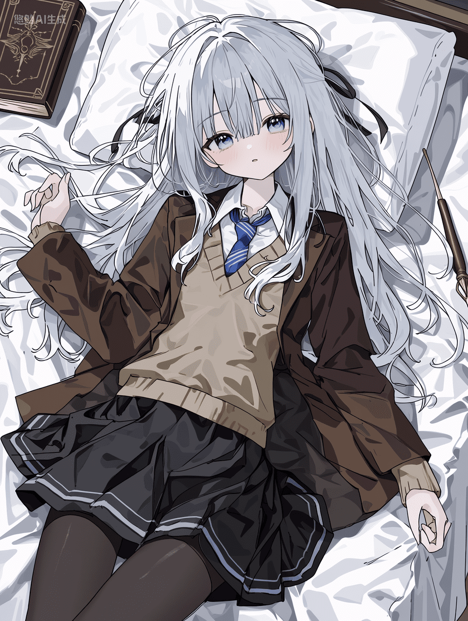 动漫风格，银发蓝眼少女躺在床上，身穿棕色西装外套和黑色短裙，搭配黑色连裤袜，床上放着一本魔法书和一根魔杖，发丝超精细，布料纹理复杂，焦点锐利，线条细腻，细节清晰，8K画质