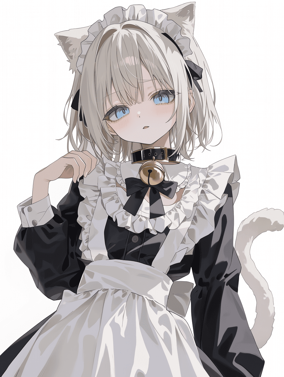 动漫风格，银发猫娘身着女仆装，拥有猫耳与尾巴，佩戴大型金色铃铛项圈，构图均衡，平视角度，纯白背景，比例准确，姿态优雅，专业插画构图