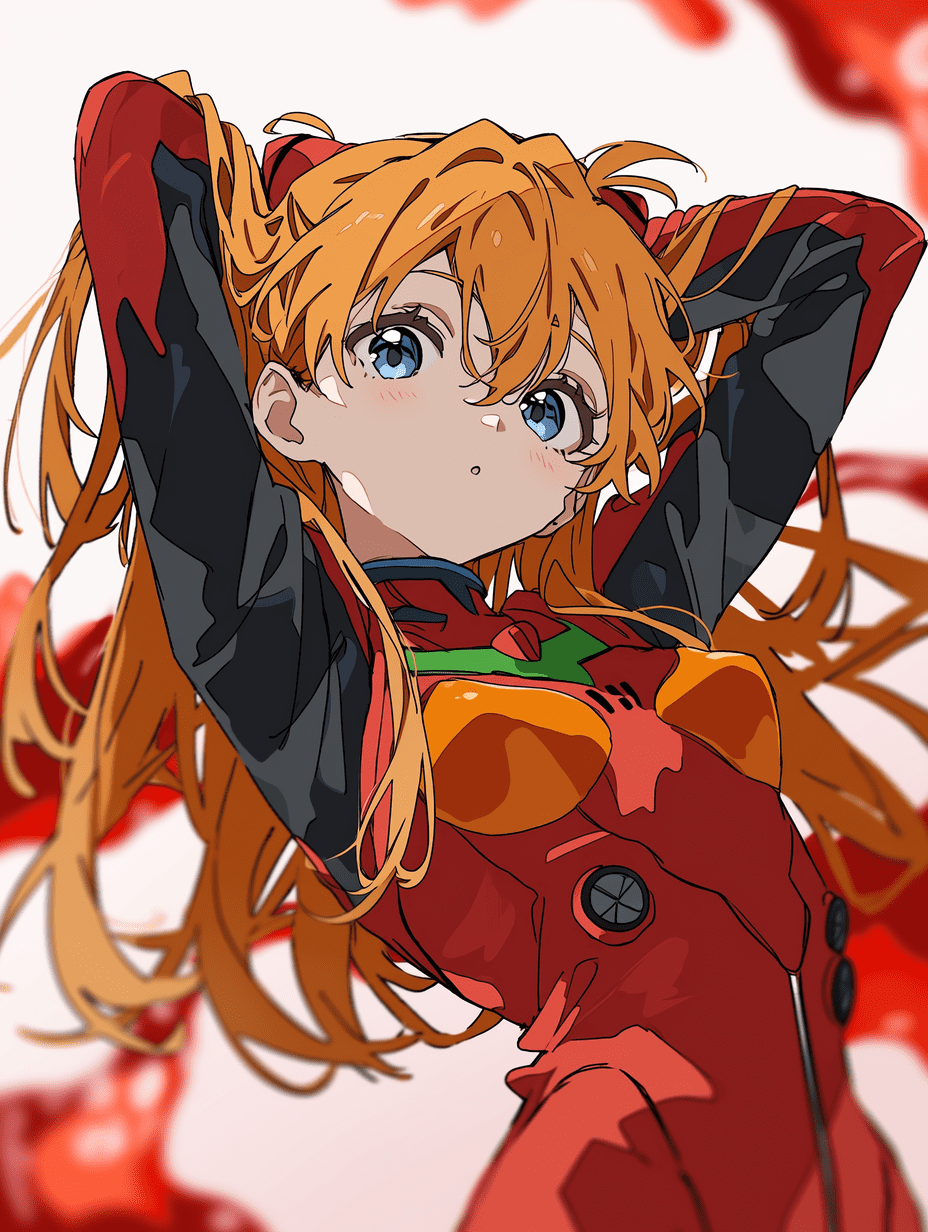 动漫风格插画，描绘惣流·明日香·兰格雷，双臂举过头顶呈放松姿态，采用三分法构图，浅景深使背景的红色液体虚化，中景聚焦于上半身，平视视角，专业插画取景。