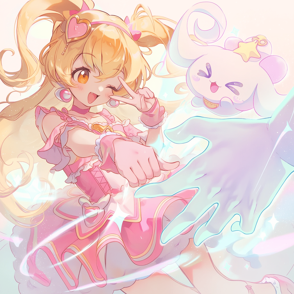 动漫风格，金发双马尾少女身穿粉色魔法少女装，眨眼比出和平手势，佩戴心形发饰，橙色眼睛，荷叶边连衣裙，柔和粉彩星空背景。杰作，最佳质量，高度细节。一个奇幻场景：一只半透明的魔法之手温柔地挠着一只好奇生物