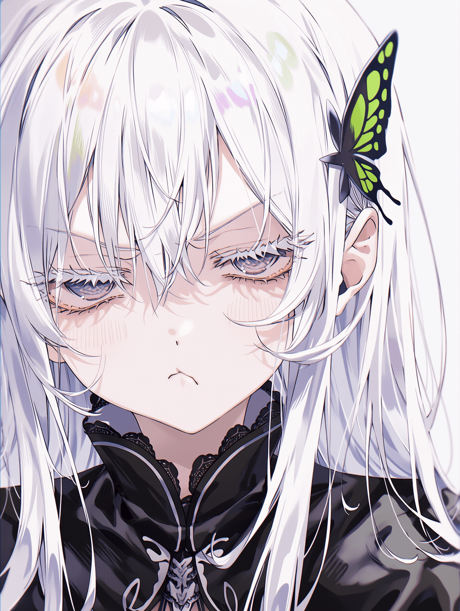 动漫风格，来自《Re:Zero》的艾姬多娜，白发女巫，佩戴蝴蝶发簪，嘟嘴表情，超精细发丝，复杂眼部高光，细腻布料质感，锐利焦点，精致蕾丝图案，8K分辨率