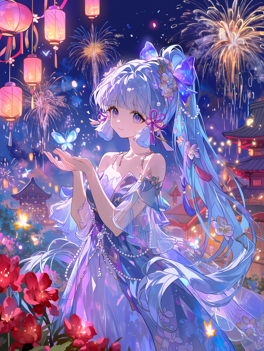 神里绫华，原神，夏日祭典夜晚风格，长及腰间的浅蓝色长发，佩戴繁复的花卉发饰与丝带，淡紫色眼眸，身着蓝紫色透明层叠礼服，露肩设计并点缀珍珠，双手轻抬似在捕捉飘浮的光尘，夜空中烟花绽放，粉红色纸灯笼悬挂，