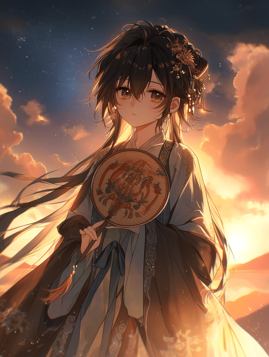 动漫风格，一位美丽的年轻女子，身穿传统汉服，手持精致的团扇，戏剧性的暖色夕阳光线，星光背景下的柔和光晕，黄金时刻的氛围，电影般的意境，增强色彩，空灵的光影