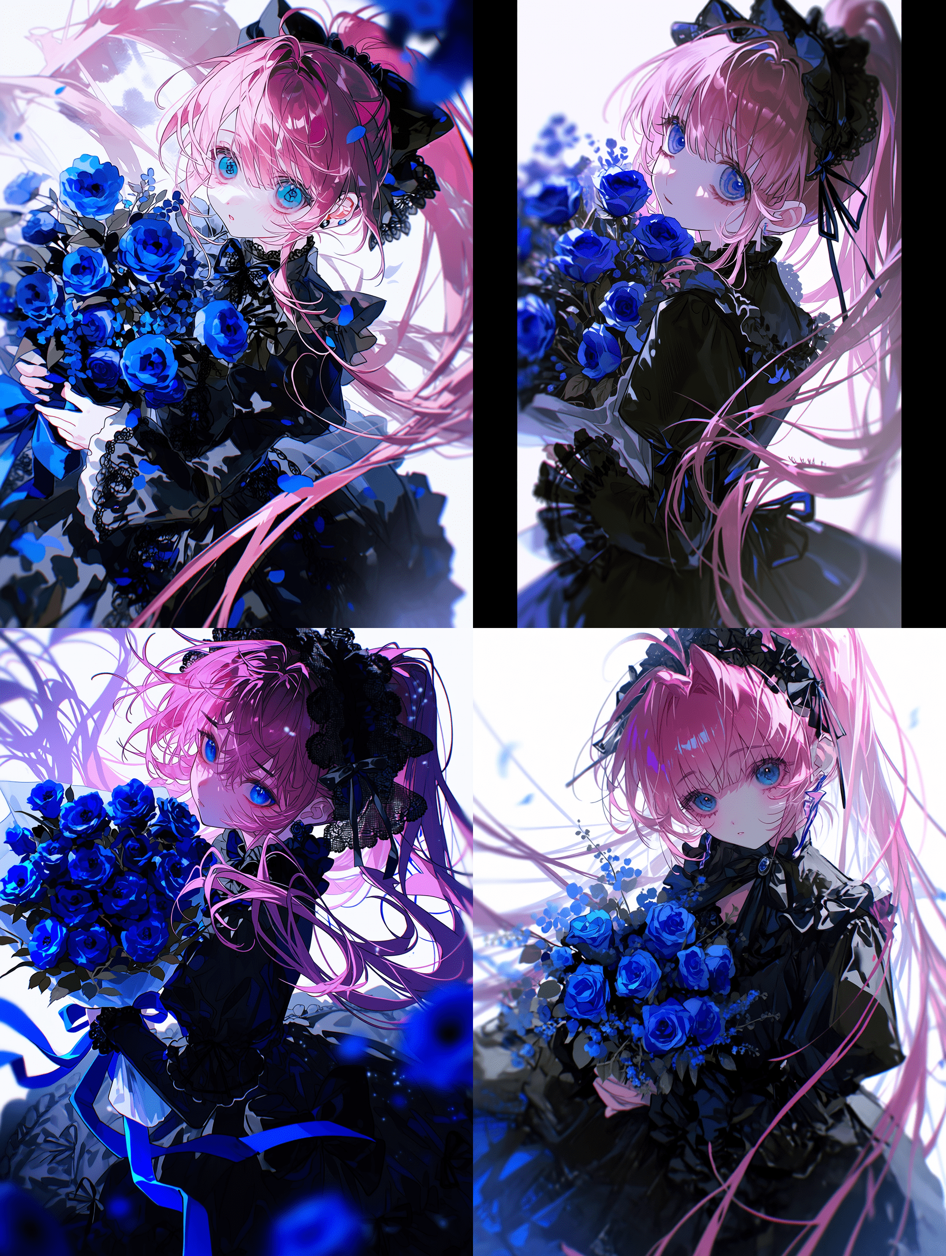 动漫风格插画，一位长发粉发扎成高马尾的少女，手持一束蓝色玫瑰，身着黑色哥特洛丽塔裙装，垂直人像构图，浅景深，动态姿势，电影级取景，视觉焦点鲜明