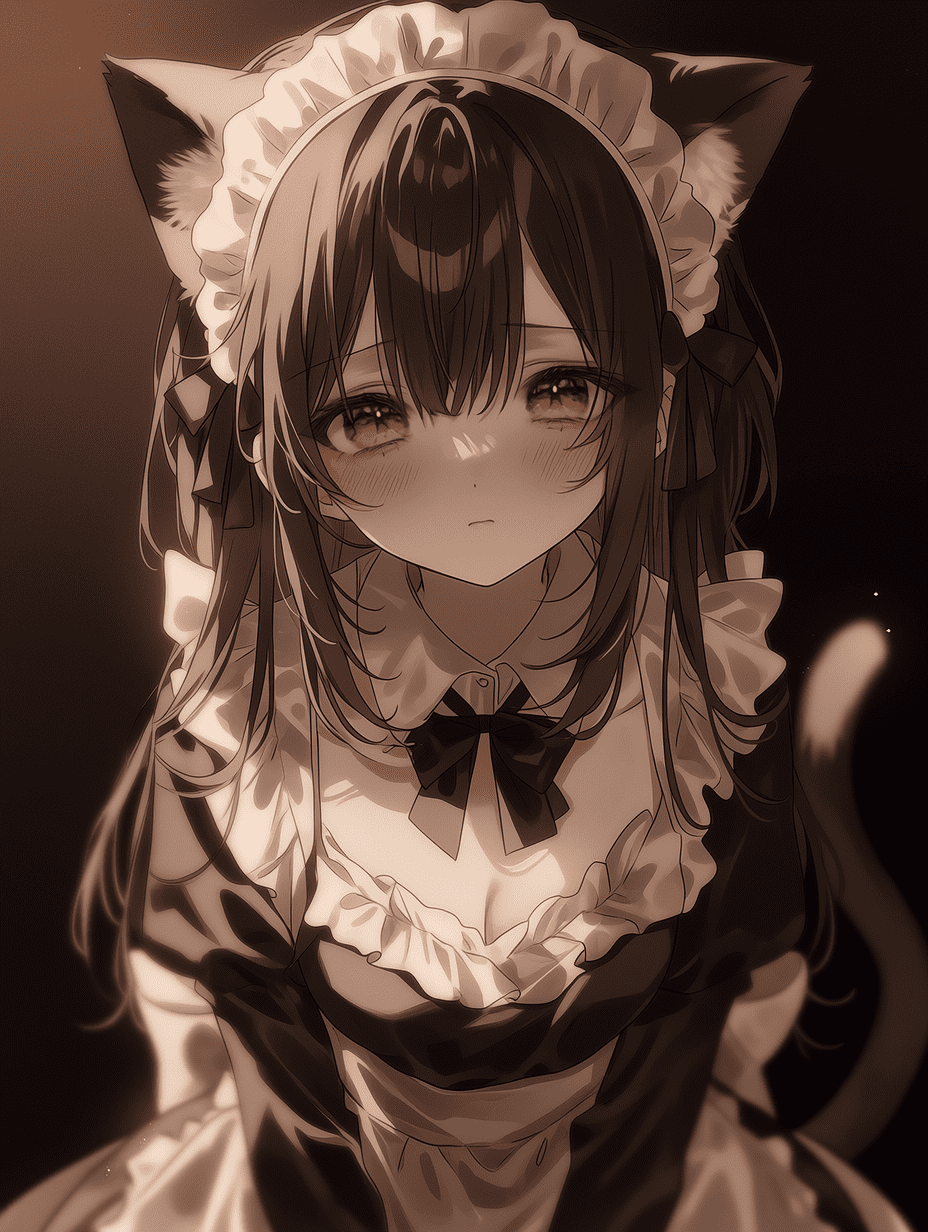 动漫风格，猫娘女仆插画，柔和的体积光照亮面部与发丝，细腻的腮红效果，暖色调肌肤与单色制服形成对比，电影感氛围，中景构图