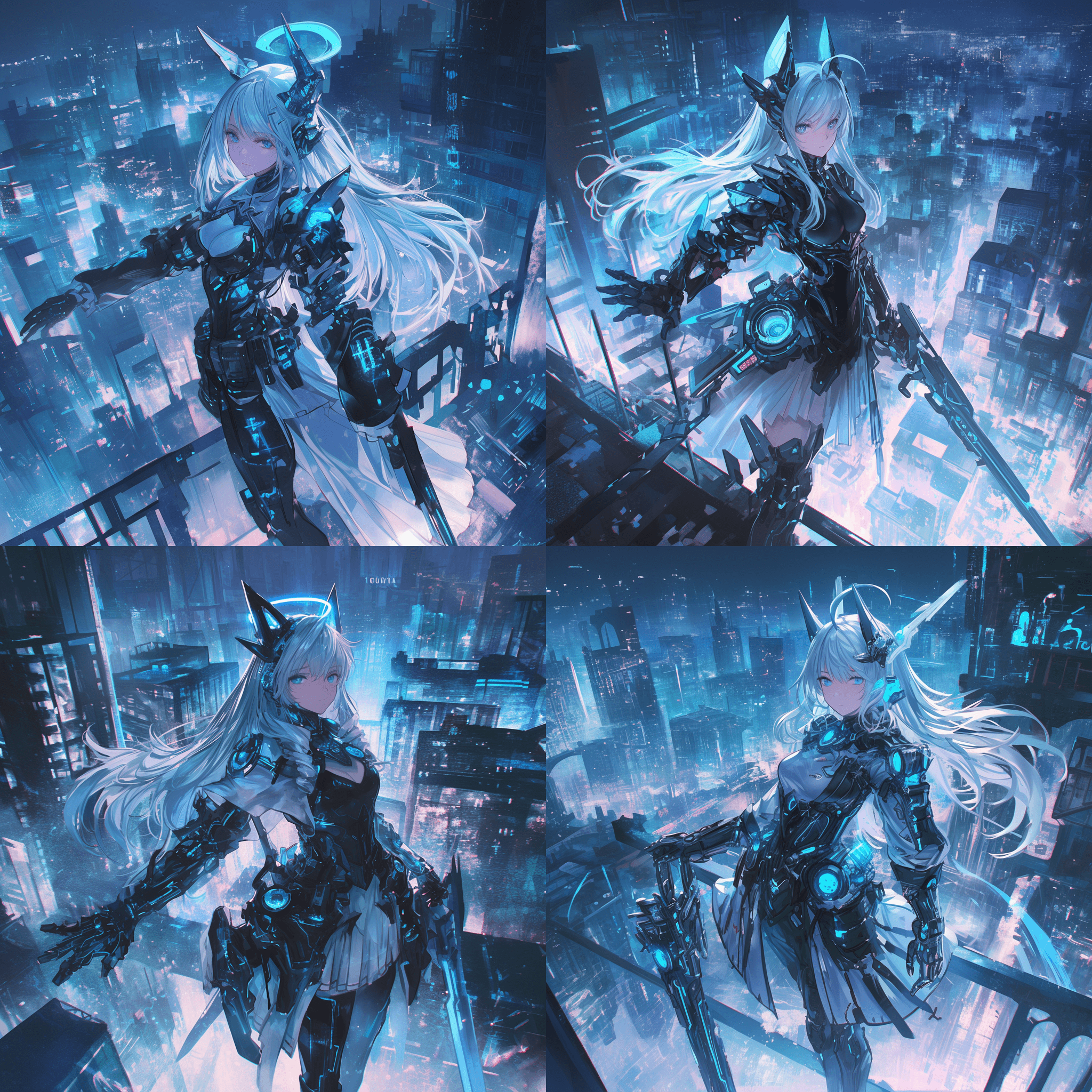 （杰作，最佳画质：1.3），（动漫风格：1.25），厚重的油画笔触，手绘墨线，一位身材纤细的少女身着贴身机械装甲，装甲与身体完全融合，为生物机械义体，装甲上雕刻着蓝色发光电路，蓝色能量在脉络中流动，冷