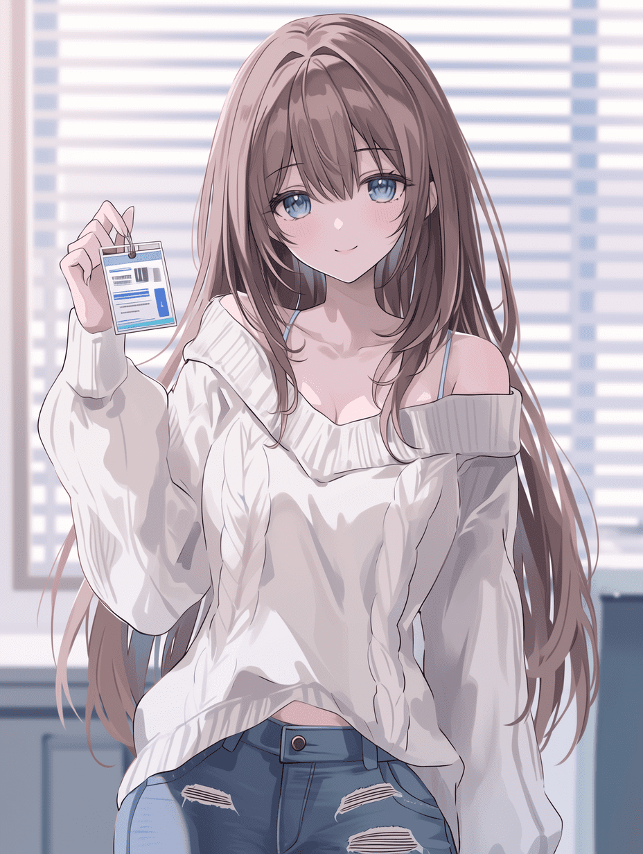 动漫风格，一位拥有棕色长发和蓝色眼睛的美丽女孩，身穿白色露肩毛衣和破洞牛仔裤，手持工牌，背景为带有百叶窗的办公室，柔和的自然光线，柔和色调，半身肖像，杰作，最高品质，高度细节。