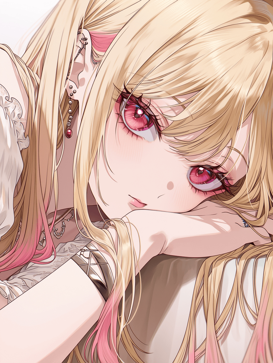 动漫风格，来自《我的 Dress-Up Darling》的喜多川海梦，金色长发带有粉色渐变发梢，红色眼睛，侧卧姿势，超精细的发丝细节，复杂的布料褶皱，精致的皮肤纹理，精美的珠宝细节，锐利焦点，详细的配