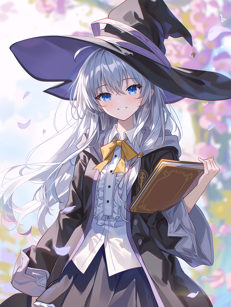 动漫风格，来自《魔女之旅》的伊蕾娜，银白色长发编成辫子，戴着带有紫色丝带的大黑色巫女帽，蓝色眼睛，手持棕色魔法书，穿着带有黄色丝带的白色荷叶边衬衫，黑色外套配紫色滚边，黑色裙子，温柔的微笑，柔和的粉彩