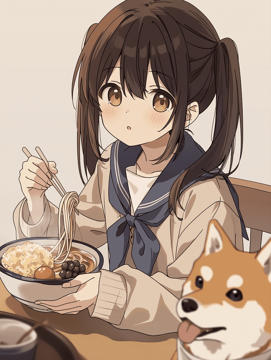 动漫风格，一位拥有棕色双马尾的可爱少女正在日式暖桌（kotatsu）旁用餐，中景镜头，三分法构图，平衡的布局，平视视角，浅景深，焦点集中在少女和柴犬身上，电影级构图，专业动漫插画