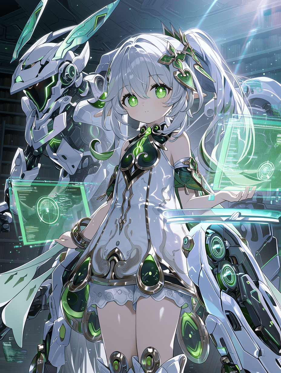 纳西妲，原神，机甲少女，流线型白色外骨骼，全息数据屏幕，悬浮的翡翠绿几何体，数字像素翅膀，发光的绿色眼睛，先进的赛博接口，半透明机械结构，未来图书馆背景，电影级光影，锐利聚焦，科技祭司美学。